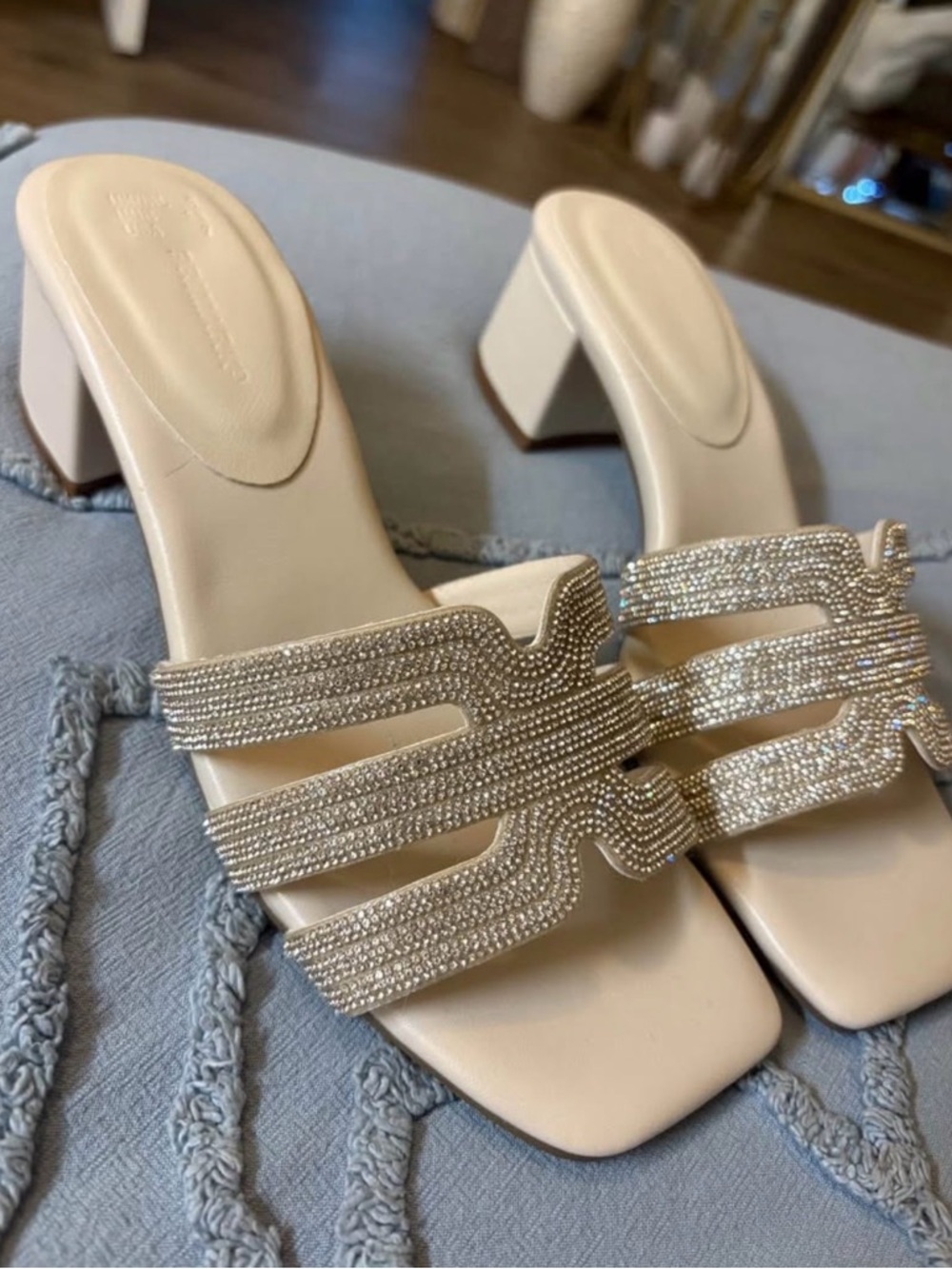 Rhinestone Strappy Block Heel Mules - Cream
